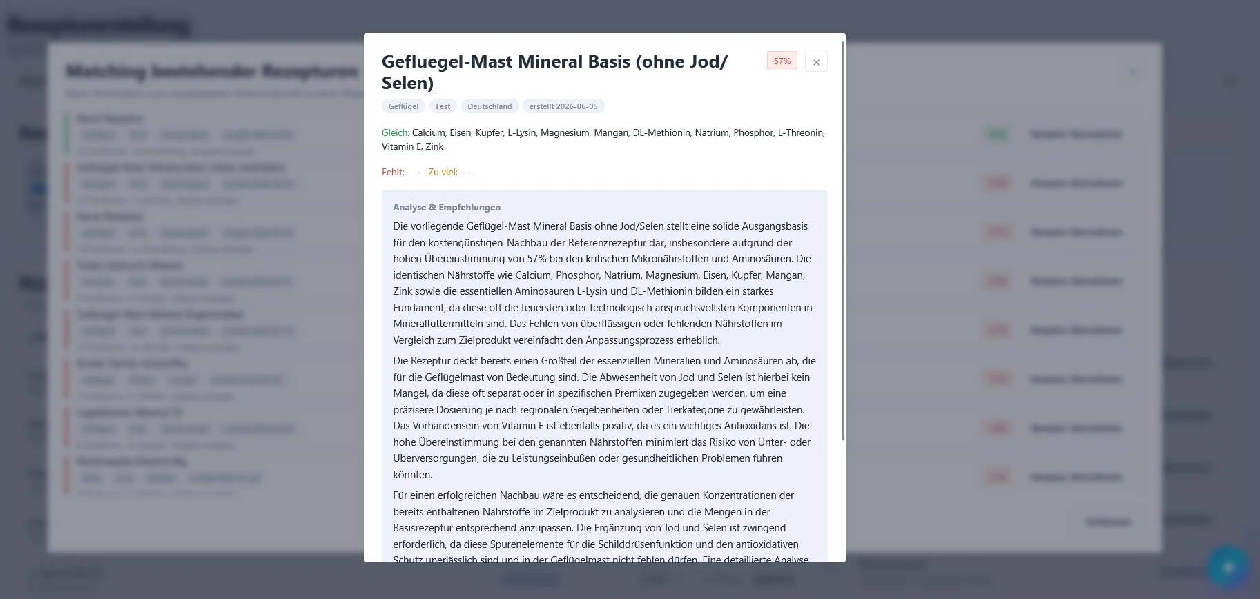 Matching mit einer bestehenden Rezeptur und Analyse mit Empfehlungen