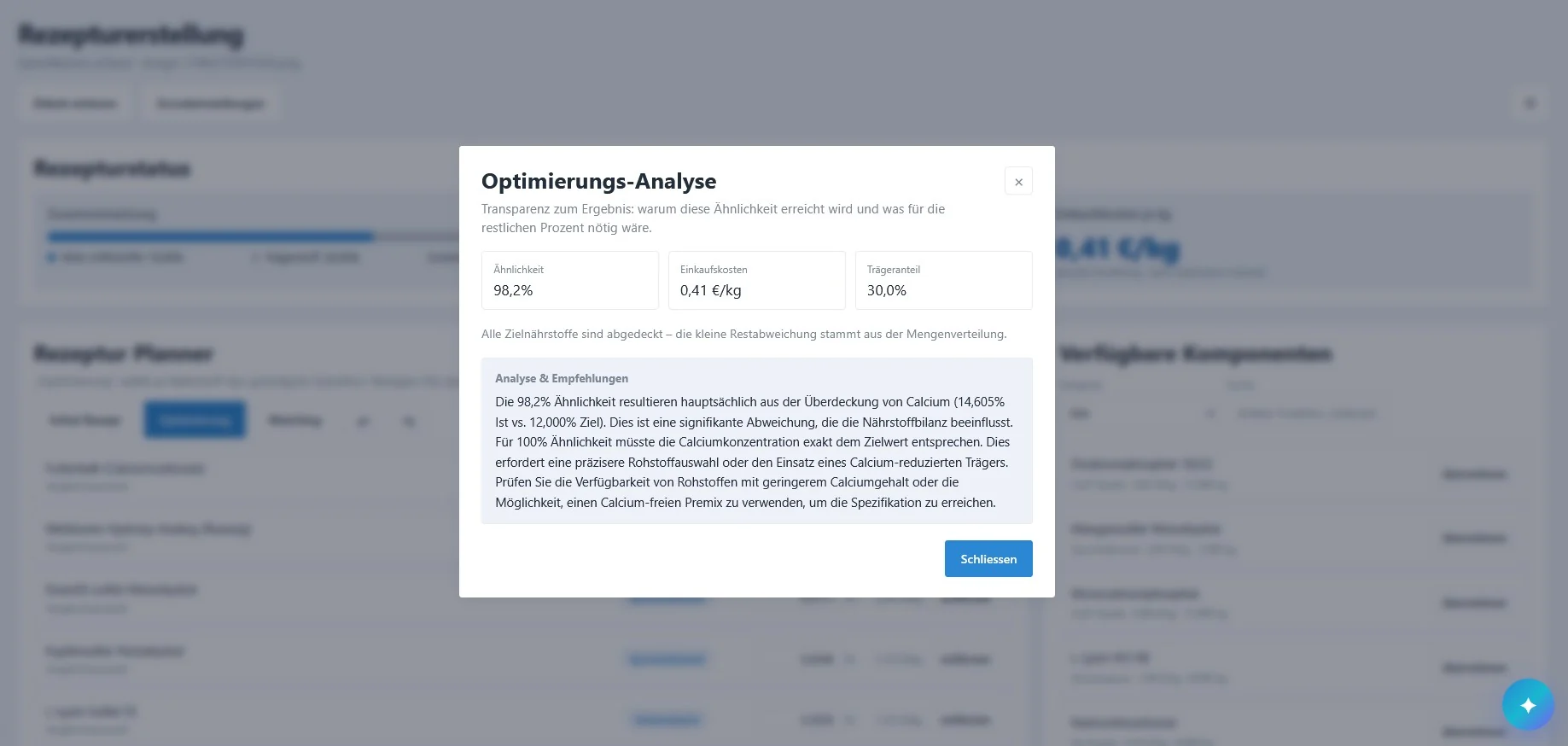 Optimierungs-Analyse mit &Auml;hnlichkeit, Einkaufskosten und Begr&uuml;ndung